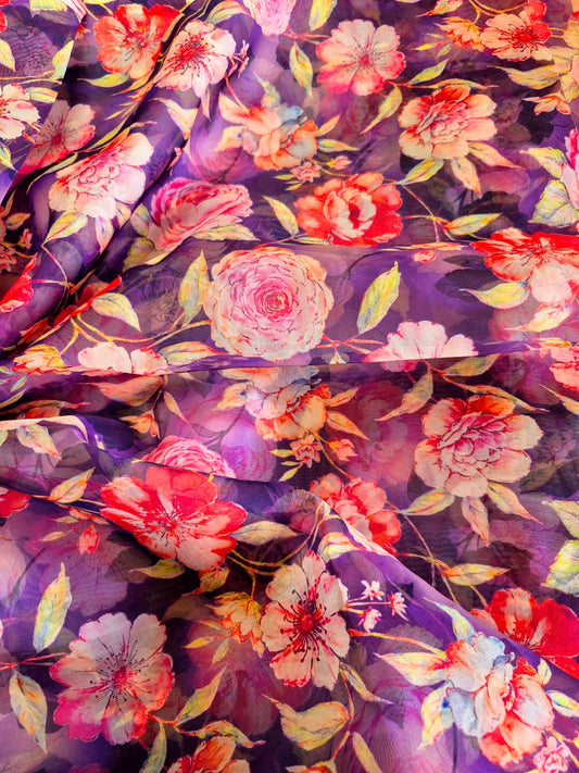 PURPLE FLORAL ORGANZA 44inches