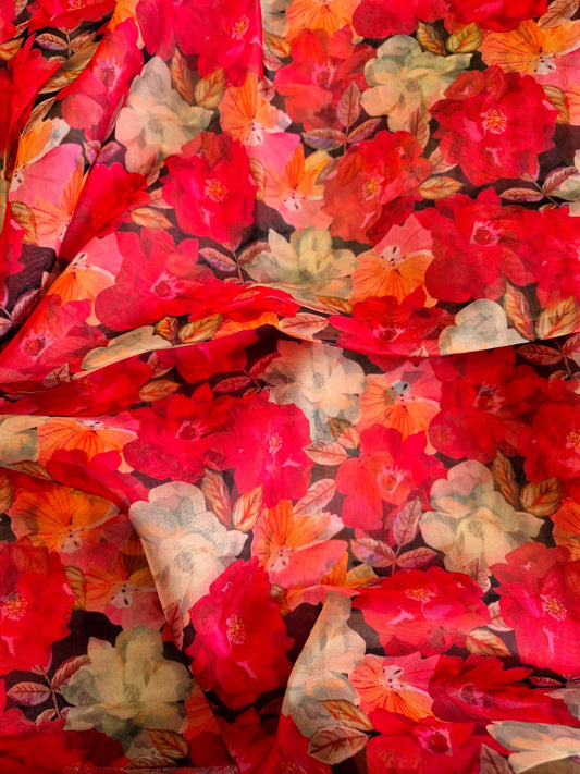 RED FLORAL ORGANZA 44inches