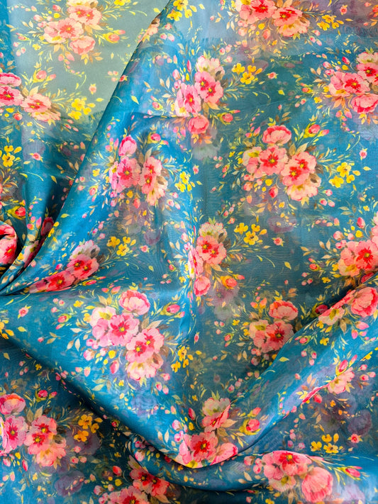 BLUE FLORAL ORGANZA 44inches
