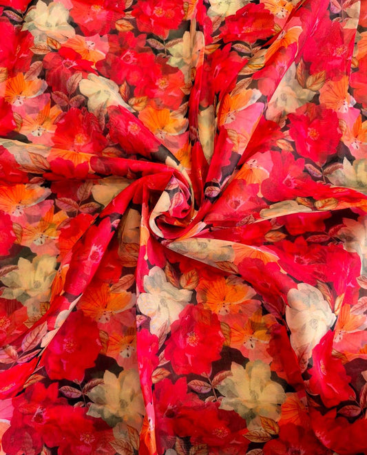 RED FLORAL ORGANZA 44inches