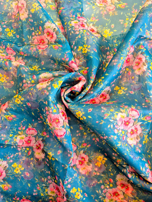 BLUE FLORAL ORGANZA 44inches